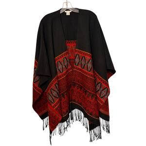 Fringe Sweater Shawl Wrap Open Front One Size Knit Southwestern Poncho